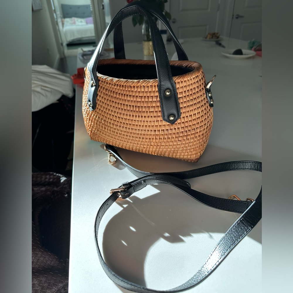 Elegant Woven Tan and Black Crossbody Bag